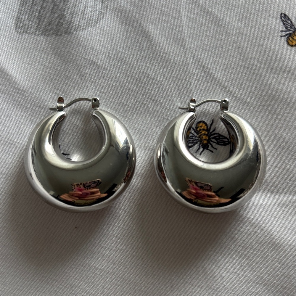 Chunky 70s Groovy Silver Hoop Earrings